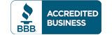 A blue and white badge that says accredited business on it.