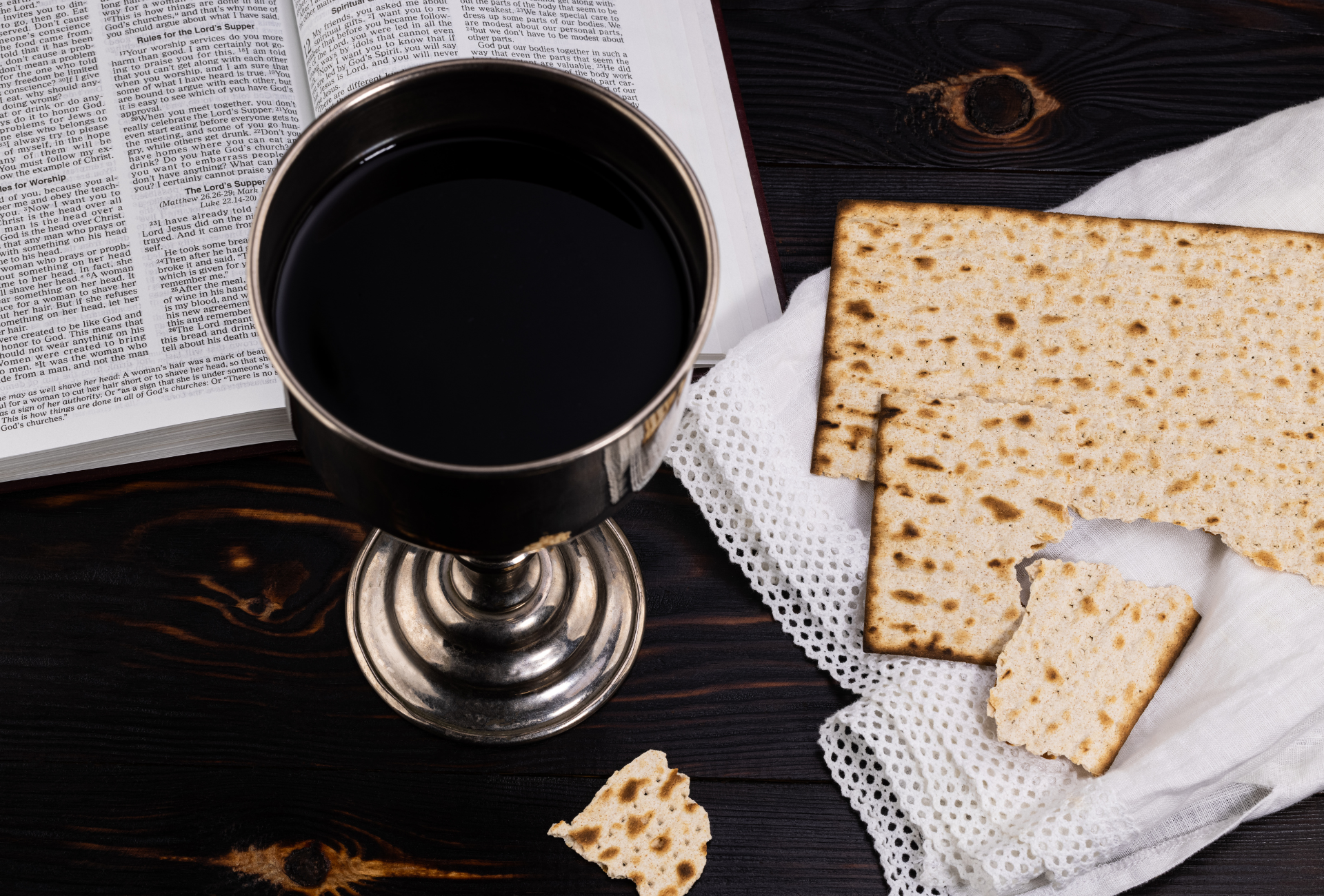A glass of wine , matzah and a bible on a wooden table.