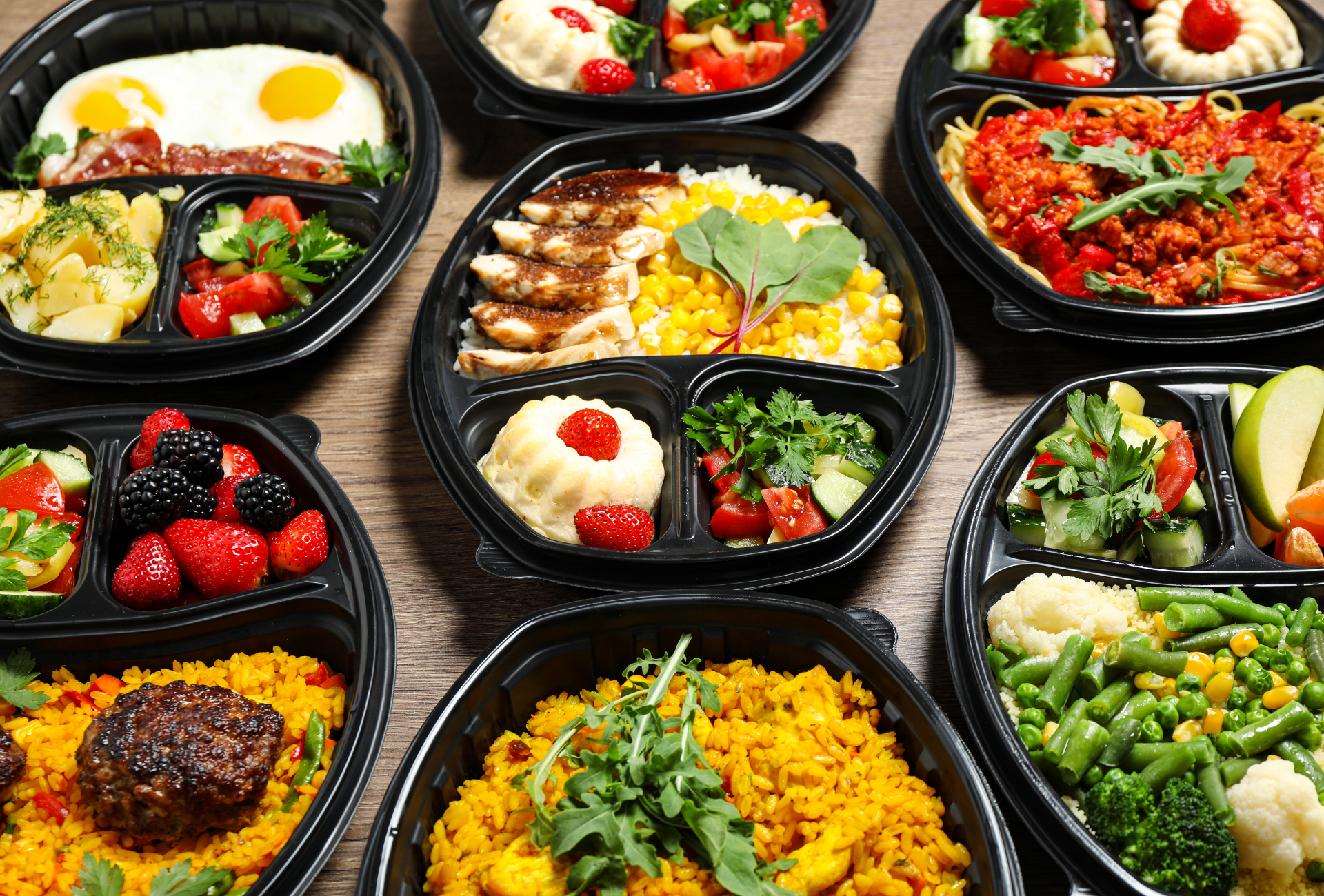 There are many different types of food in the containers on the table.