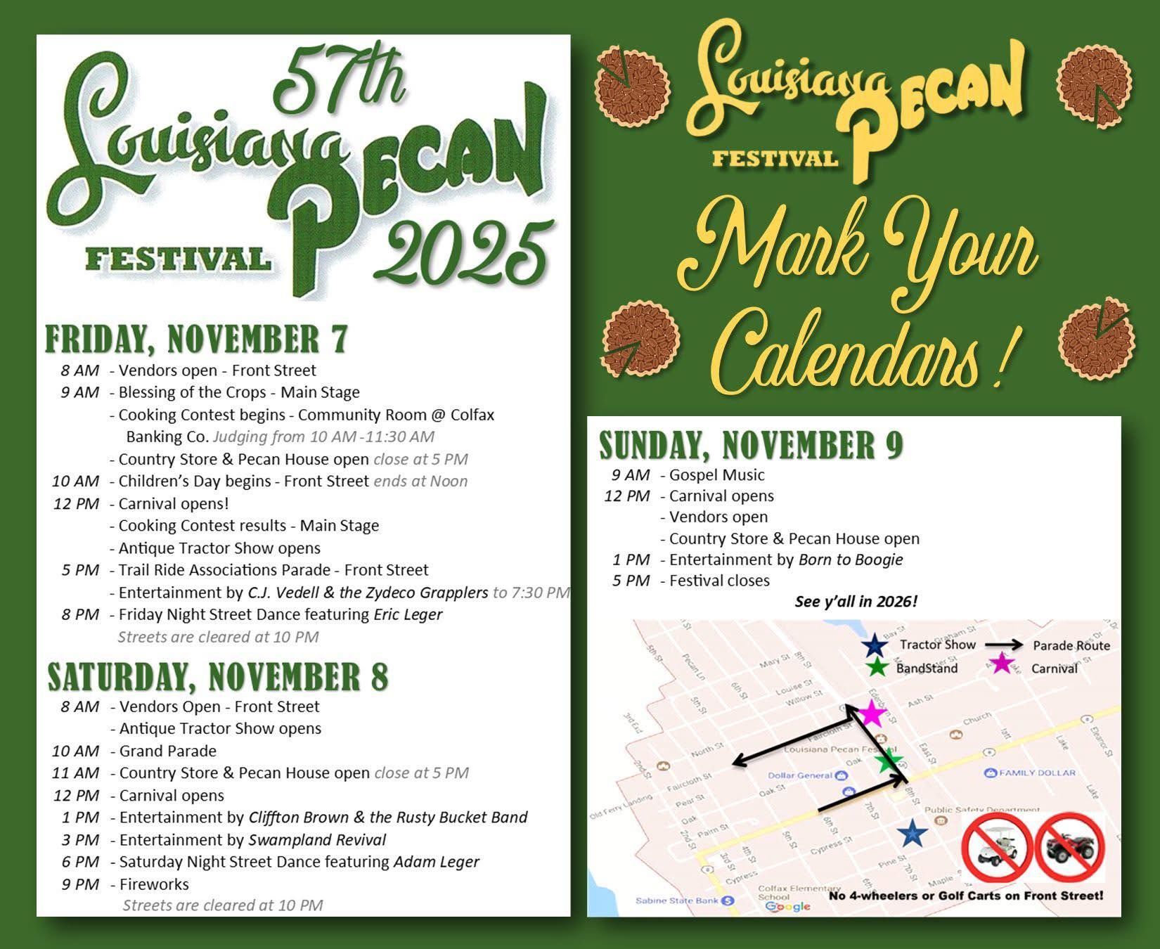 Poster for the 57th Louisiana Pecan Festival in 2025; event schedule listed for November 7, 8, & 9.