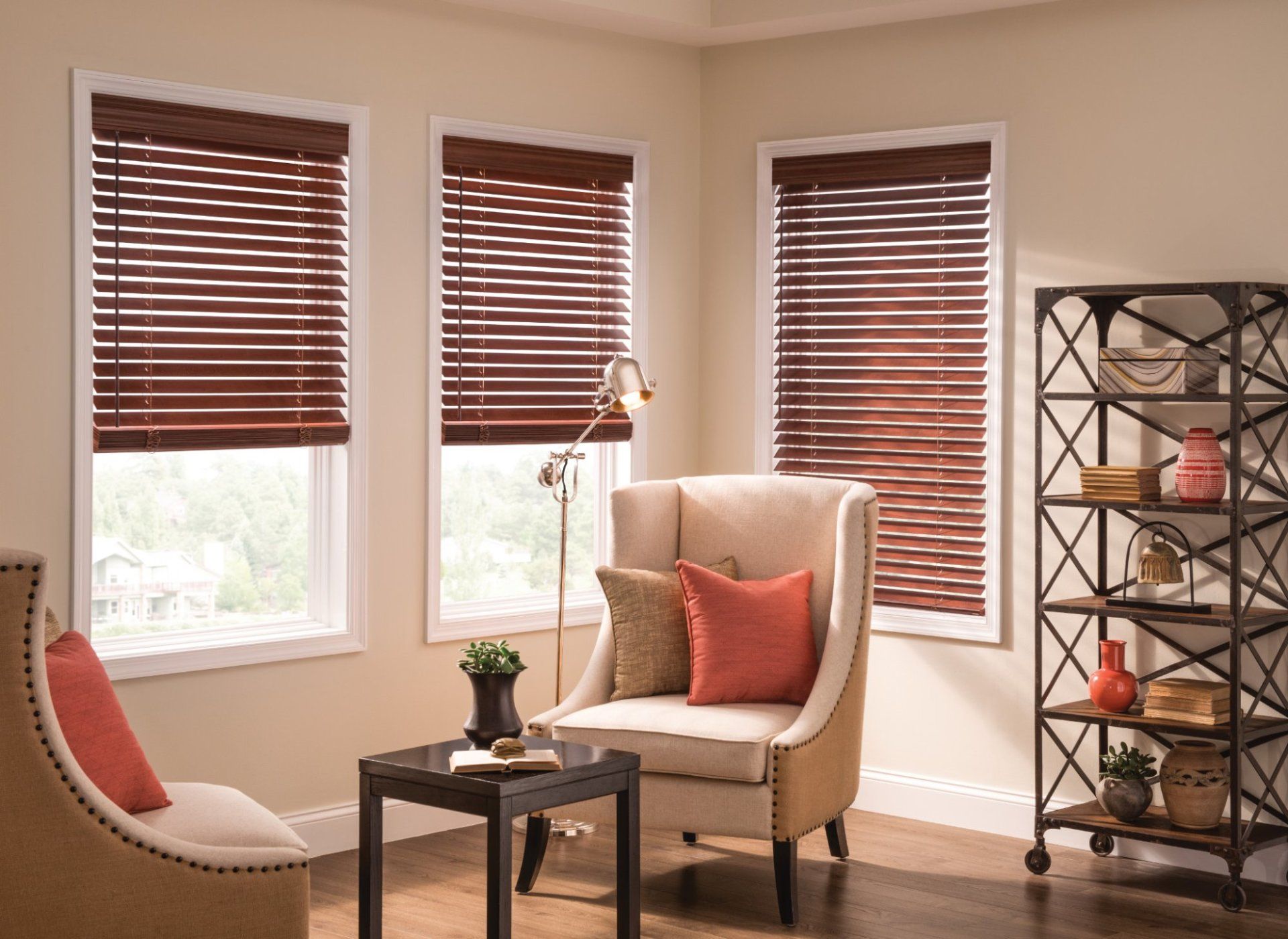 Custom Roman Shades — Wooden Blind in the Living Room in Baton Rouge, LA