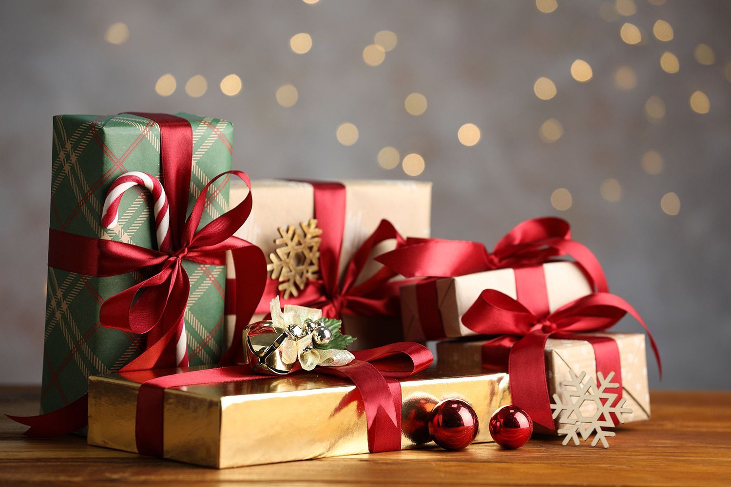 Wrapped gifts with red ribbon