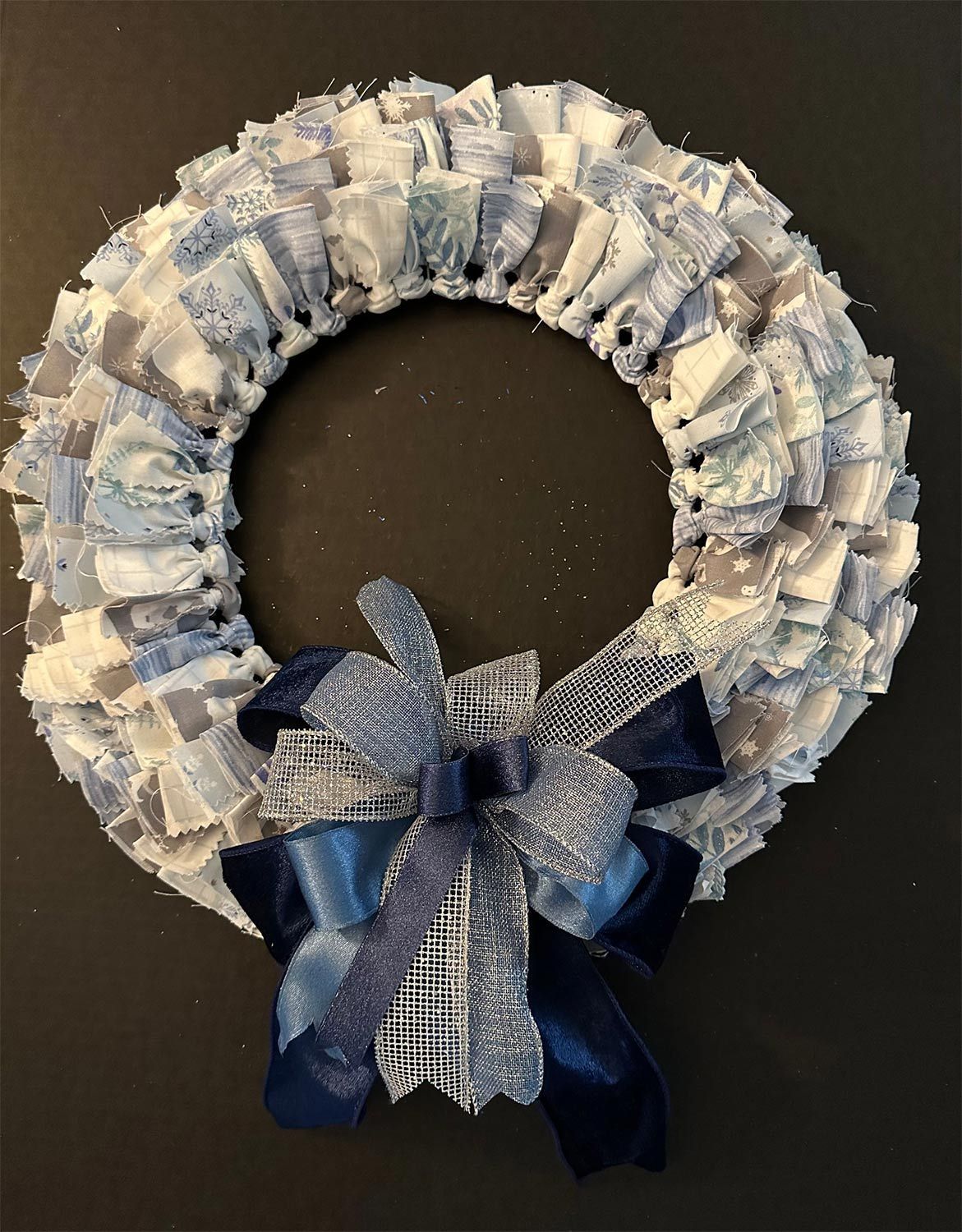 Blue and white fabric wreath