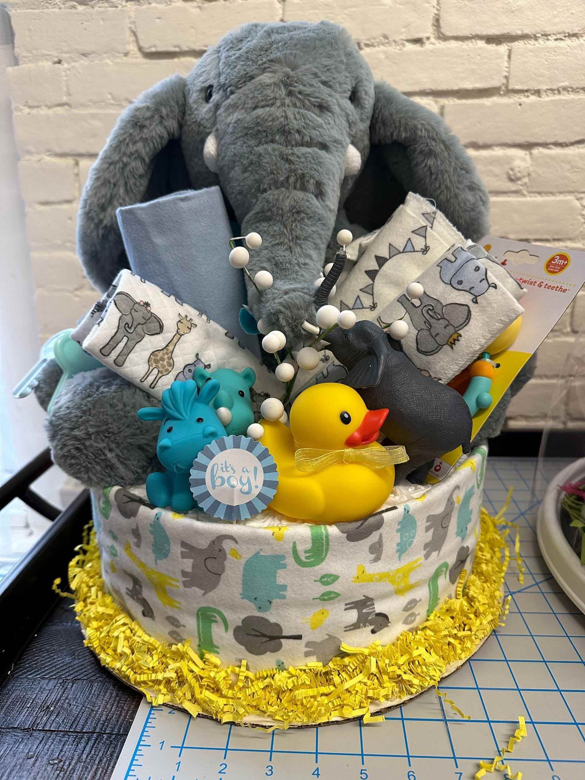 Elephant-themed baby gift diaper cake