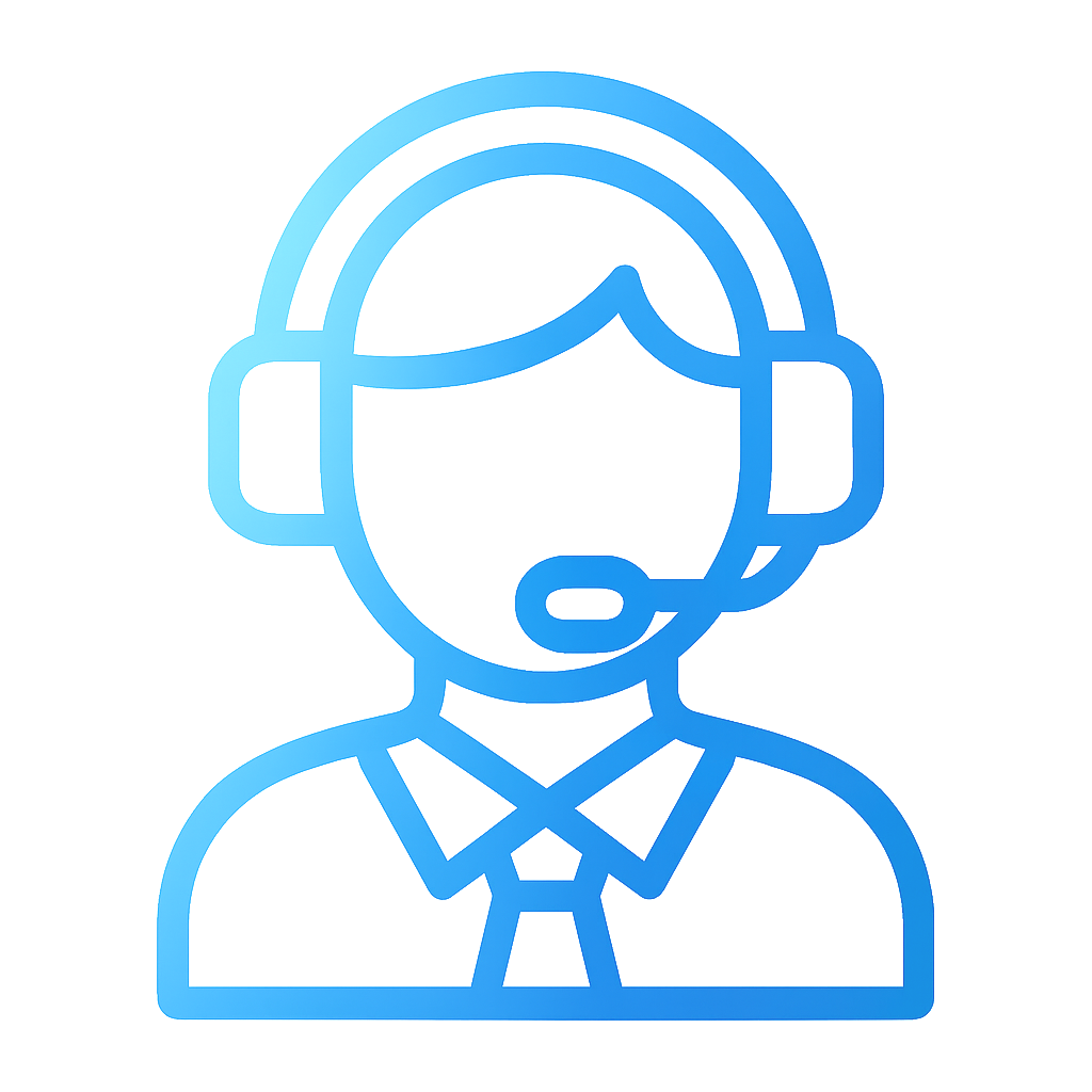 A blue icon of a man wearing a headset and tie.
