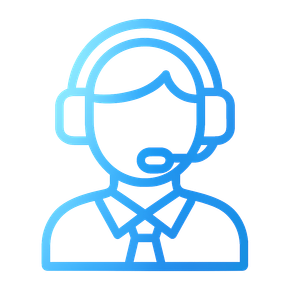 A blue icon of a man wearing a headset and tie.