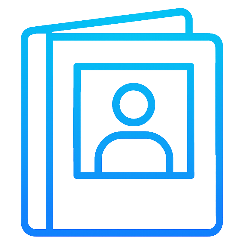 A blue icon of a book with a picture of a person on it.