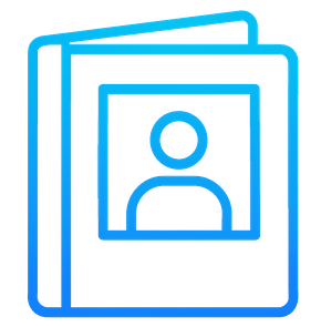 A blue icon of a book with a picture of a person on it.