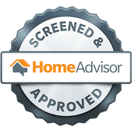 A screened and home advisor approved seal on a white background