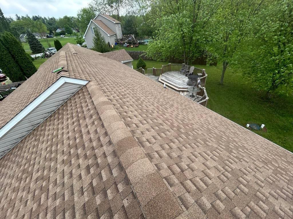 An aerial view of a roof of a house with trees in the background.