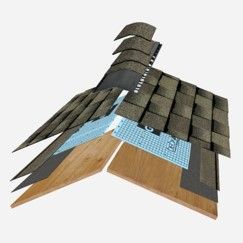 A 3d model of a roof with shingles and wood.