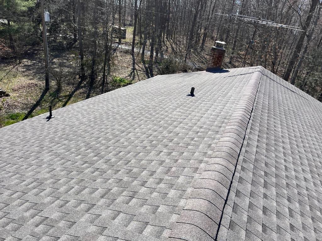 A roof with a chimney on top of it and trees in the background.