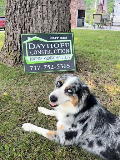 A dog is laying in the grass next to a sign for dayhoff construction.