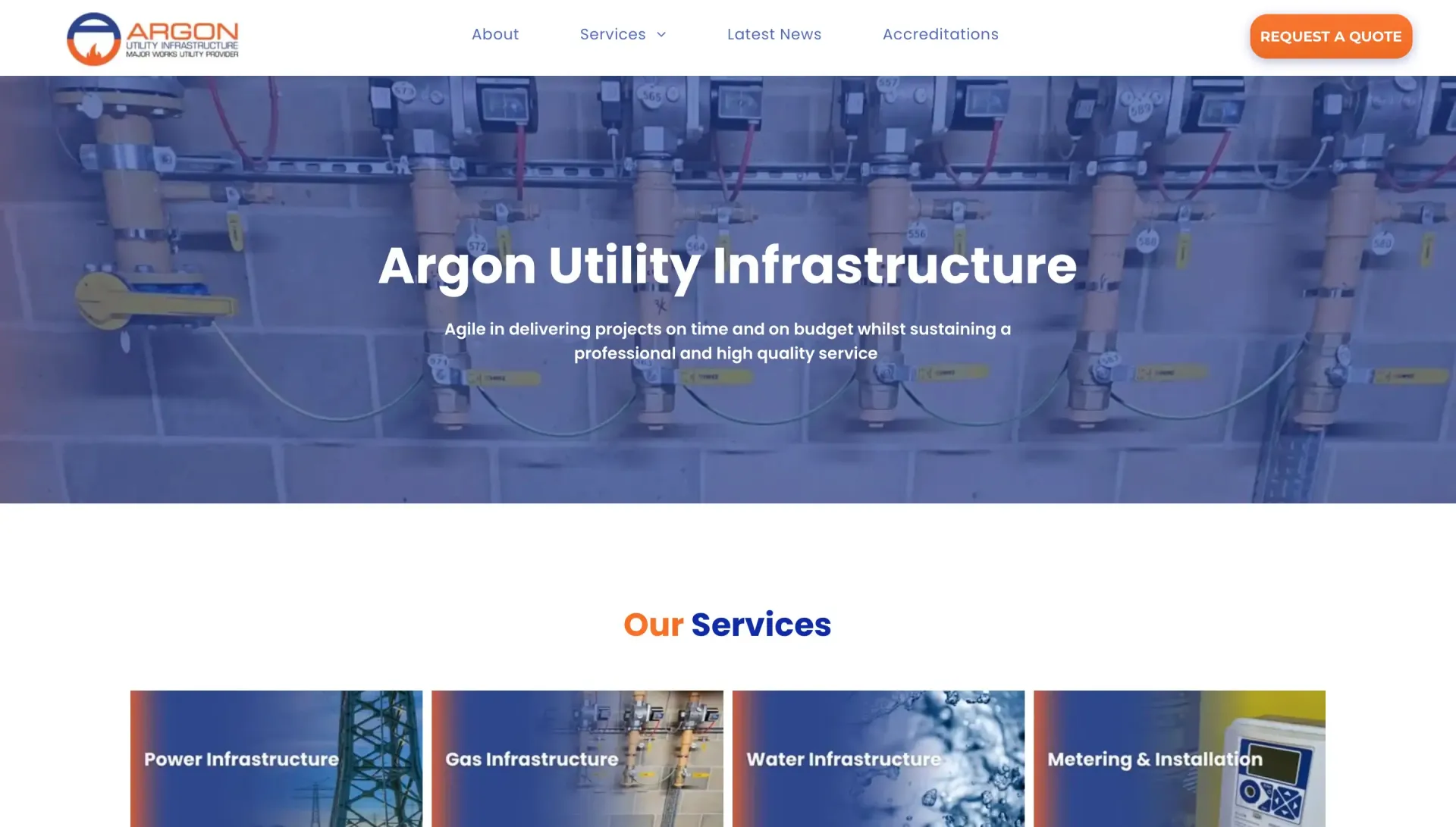 Argon Utility Infrastructure website header with industrial equipment.