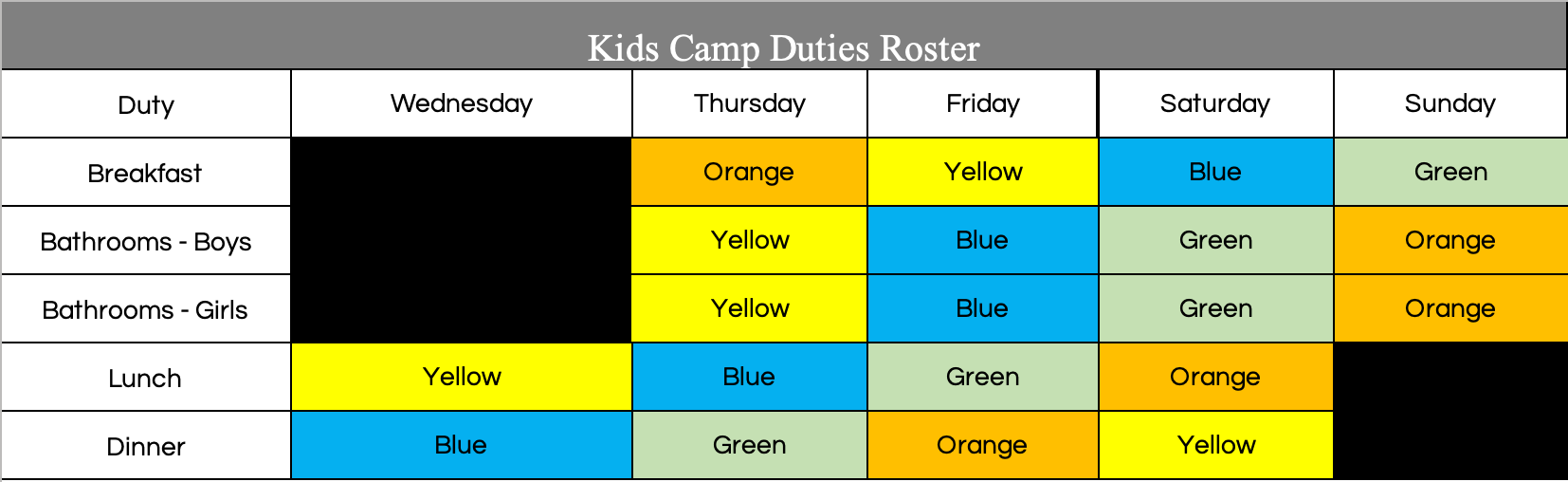 A table showing the colors of the kids camp ducks