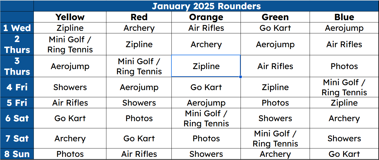 A schedule for july 2024 rounders includes archery and zipline