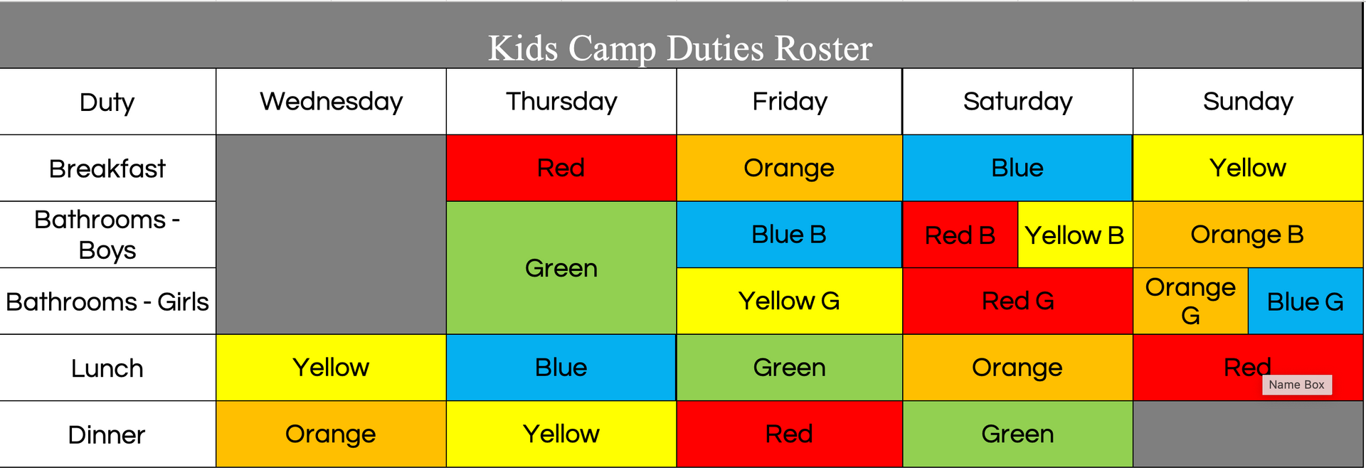 A table showing the colors of the kids camp ducks