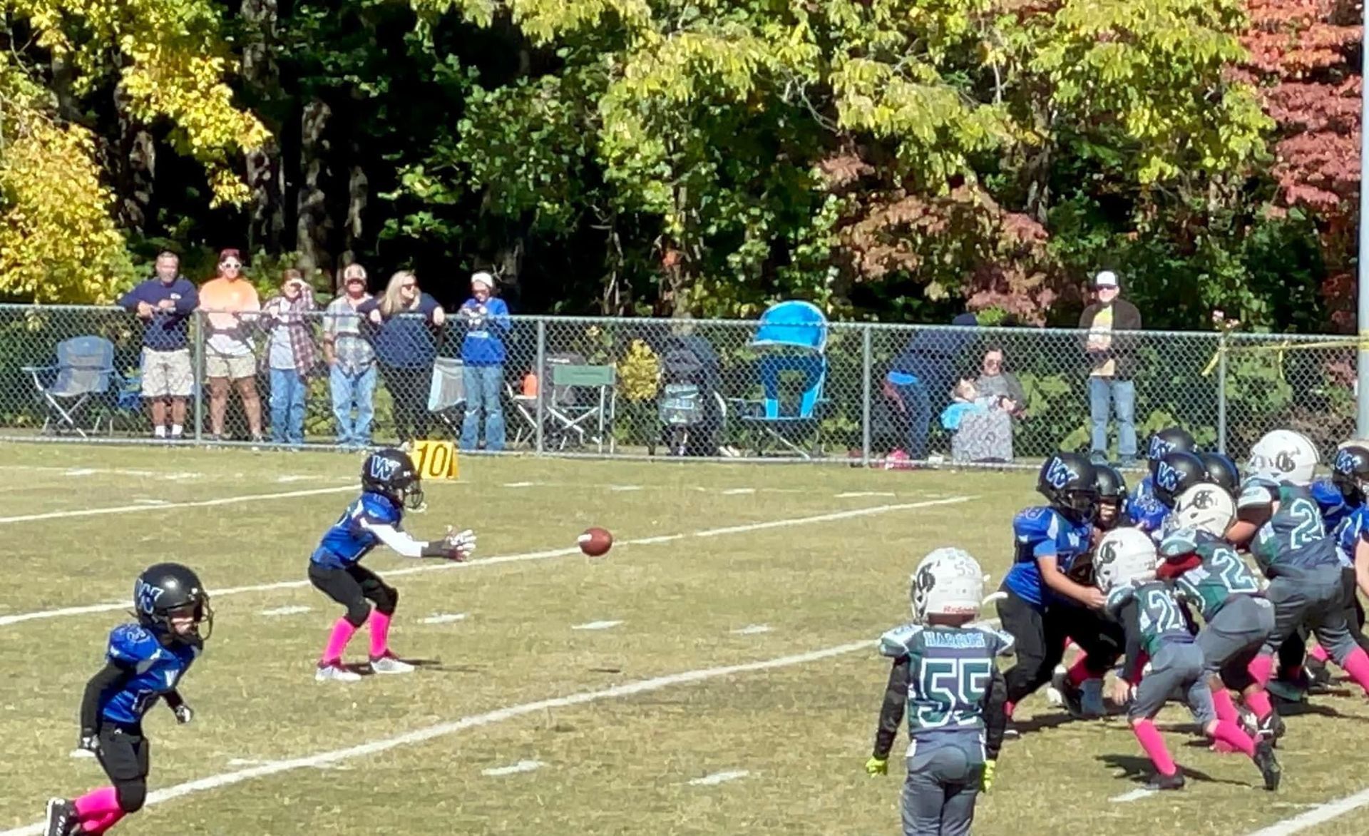 A group of young boys are playing a game of football on a field.