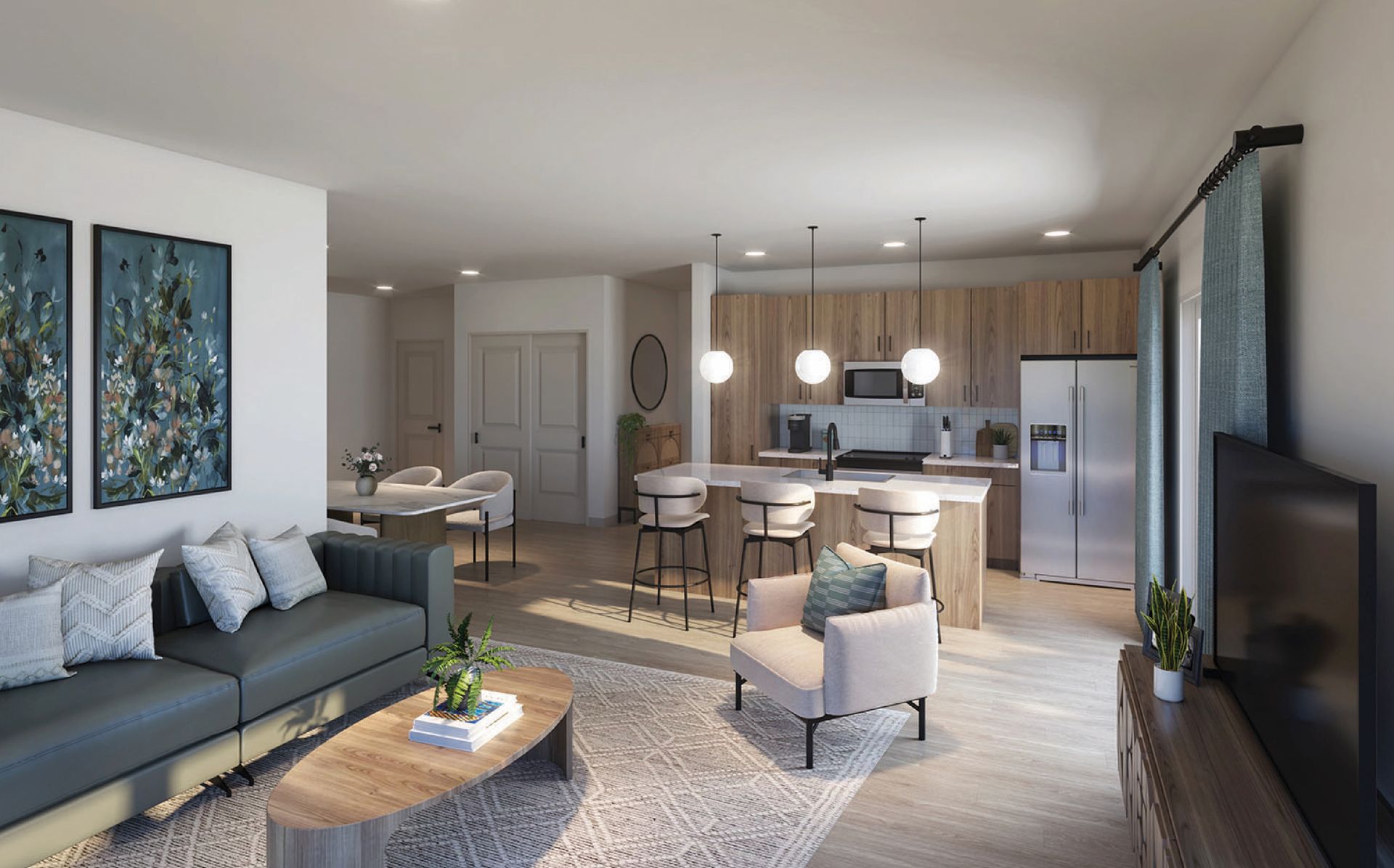 A modern, open-concept apartment with a living room, dining area, and kitchen featuring wood cabinets and an island.