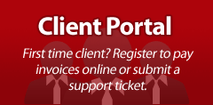 A red sign that says client portal first time client register to pay invoices online or submit a support ticket