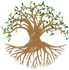 Brown and green tree with twisting trunk and circular roots and leafy branches.