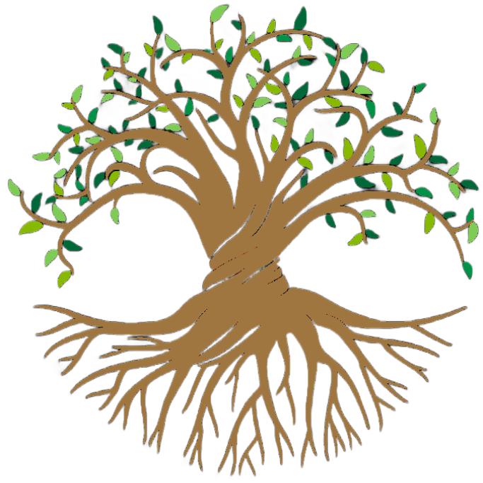 Brown tree with intertwined trunk and expansive roots, green leaves in a circle.