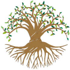 Brown tree with twisting trunk and visible roots; green leaves.
