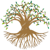 Brown tree with intertwined trunk and expansive roots, green leaves in a circle.