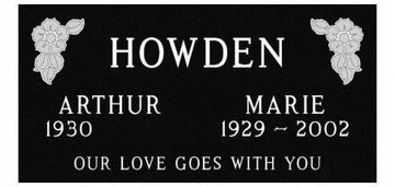 Black memorial plaque reading “HOWDEN,” with names Arthur and Marie and the phrase “Our love goes with you.”