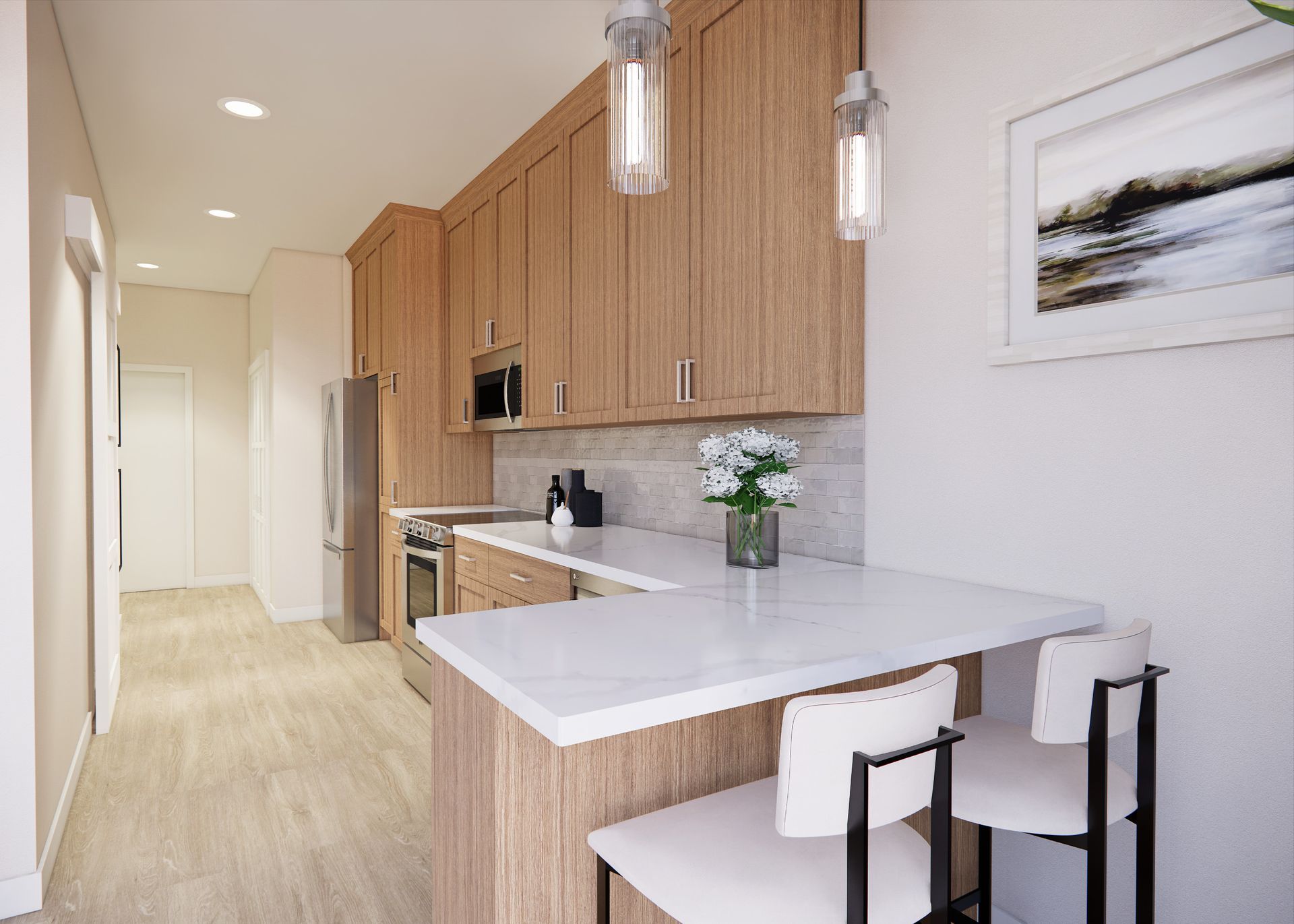 A modern kitchen with light wood cabinets, white countertops, a breakfast bar with two stools, and a hallway to the left.