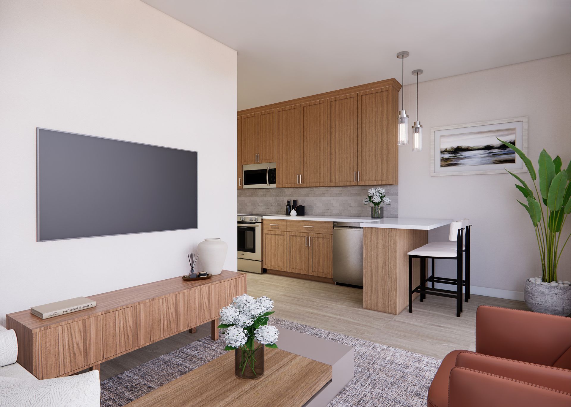 A modern apartment interior featuring a living area with a television and kitchen with wooden cabinets and a breakfast bar.