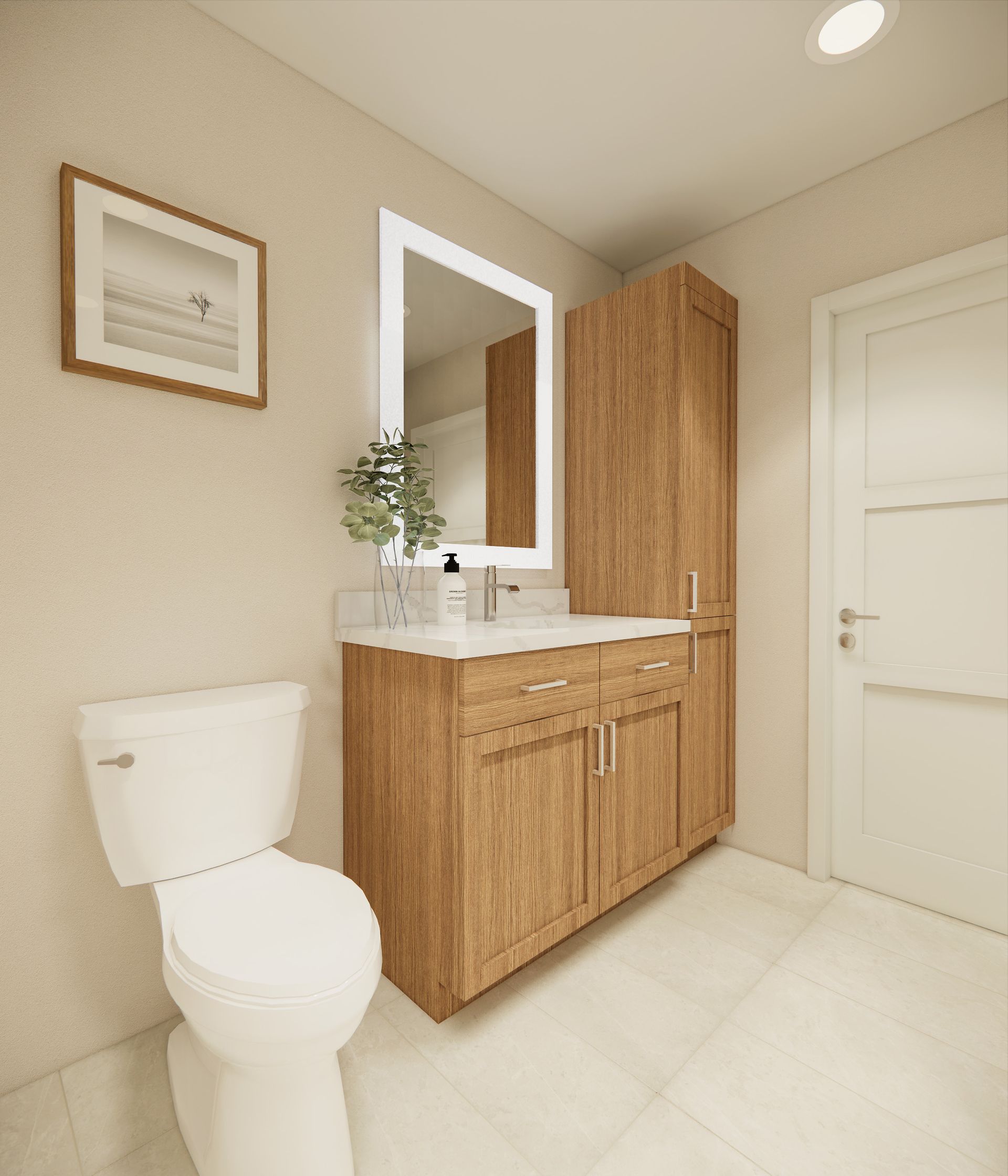 A bathroom with a white toilet, a wood vanity with a tall storage cabinet, a framed print, and a white door.