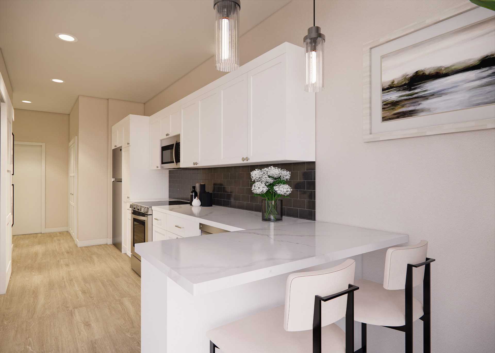 Modern white kitchen with a breakfast bar, white cabinets, and black backsplash. Two bar stools.
