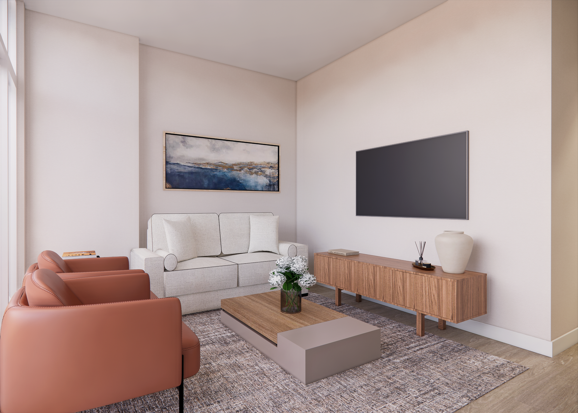 Living room with a white sofa, orange chairs, TV, wooden console, and artwork.