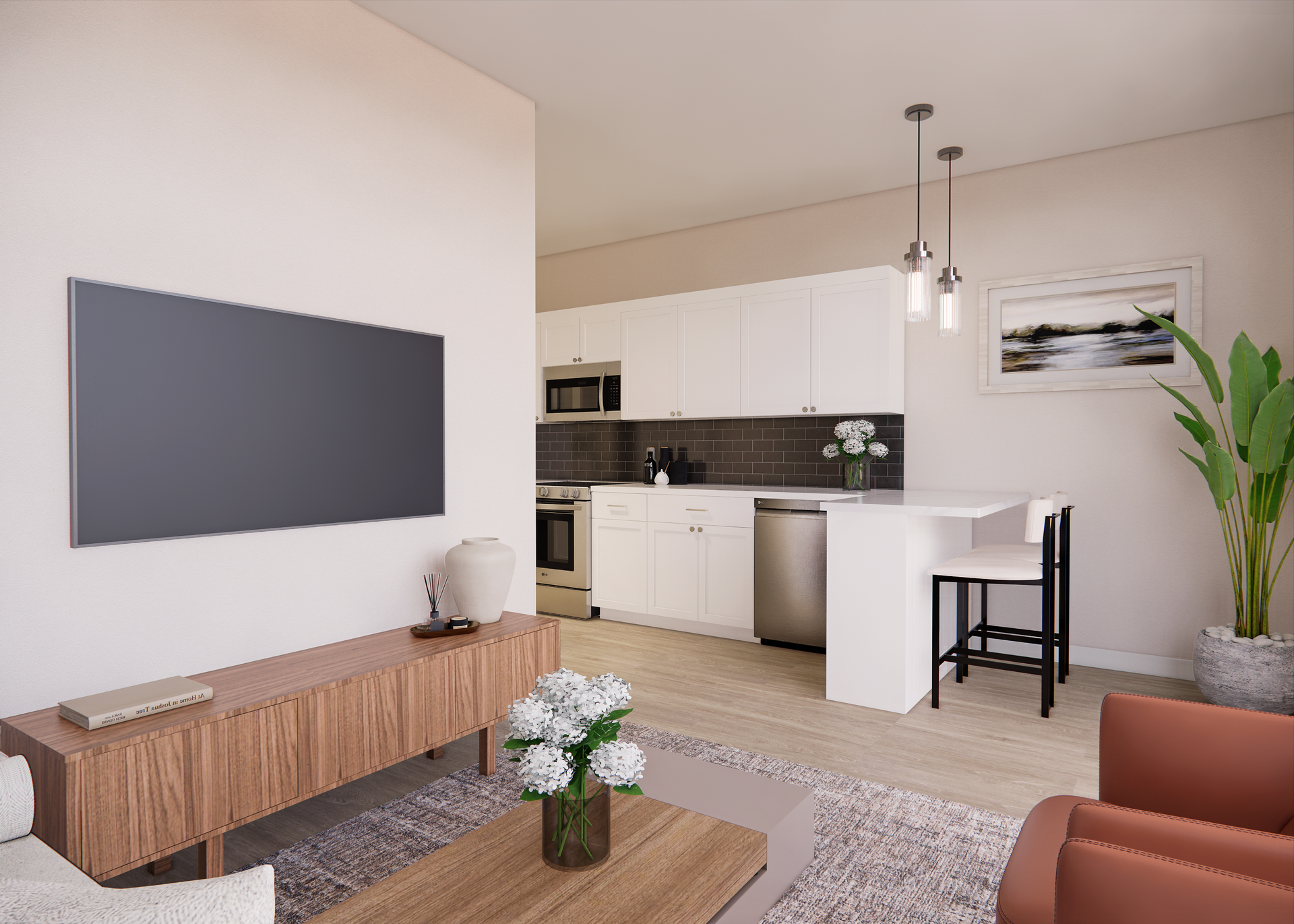 Modern apartment interior with kitchen, living room, TV, and contemporary decor.