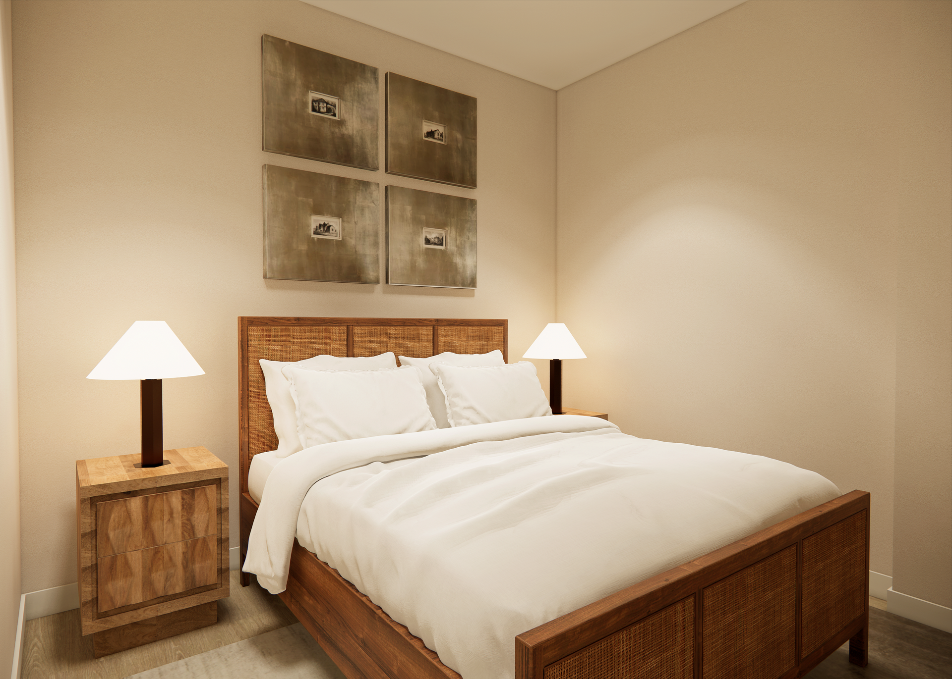 Bedroom with wooden bed frame, nightstands, lamps, and artwork on a beige wall.