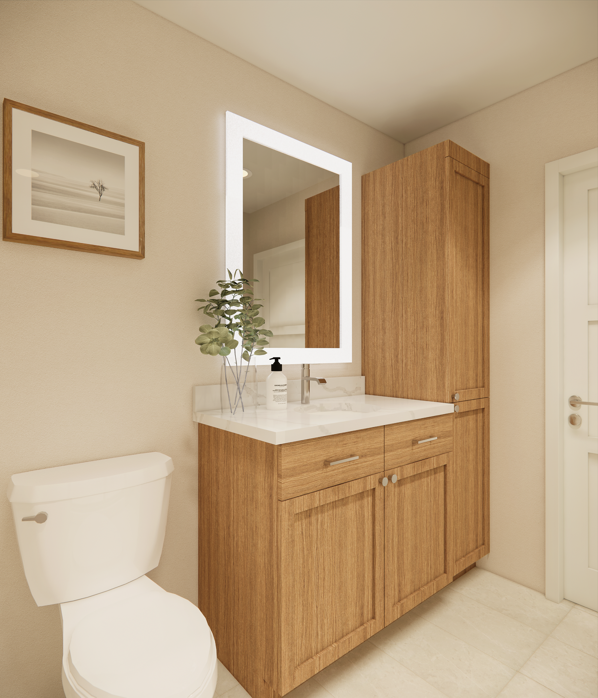 Bathroom with toilet, vanity, and tall cabinet; a framed mirror above the sink.