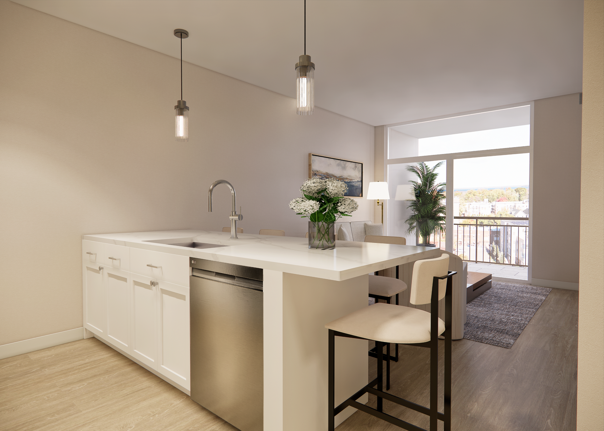 Modern kitchen with white cabinets, island, and stools, open to a living area with balcony view.