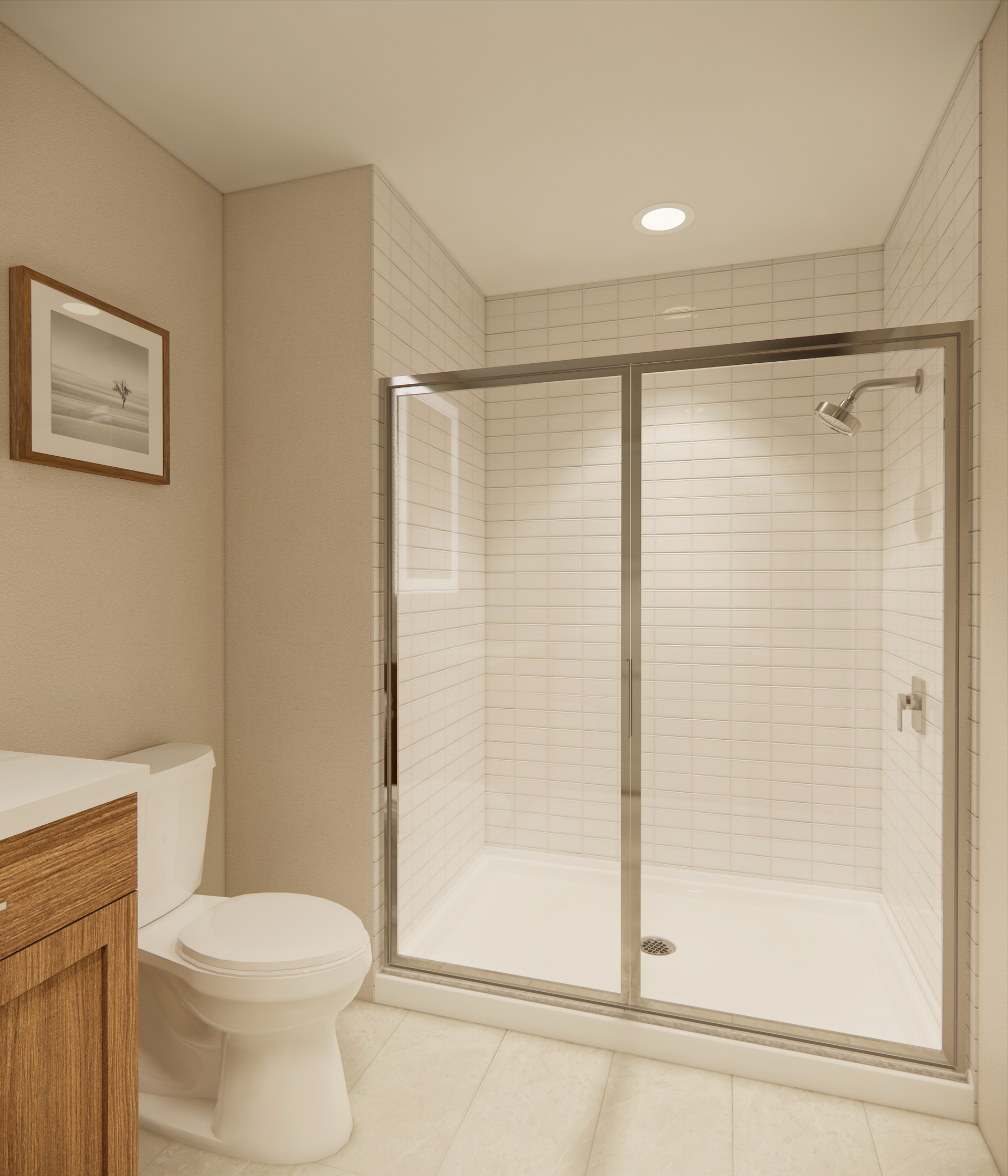 Bathroom with shower, toilet, and wooden vanity. White tile walls. Neutral tones.