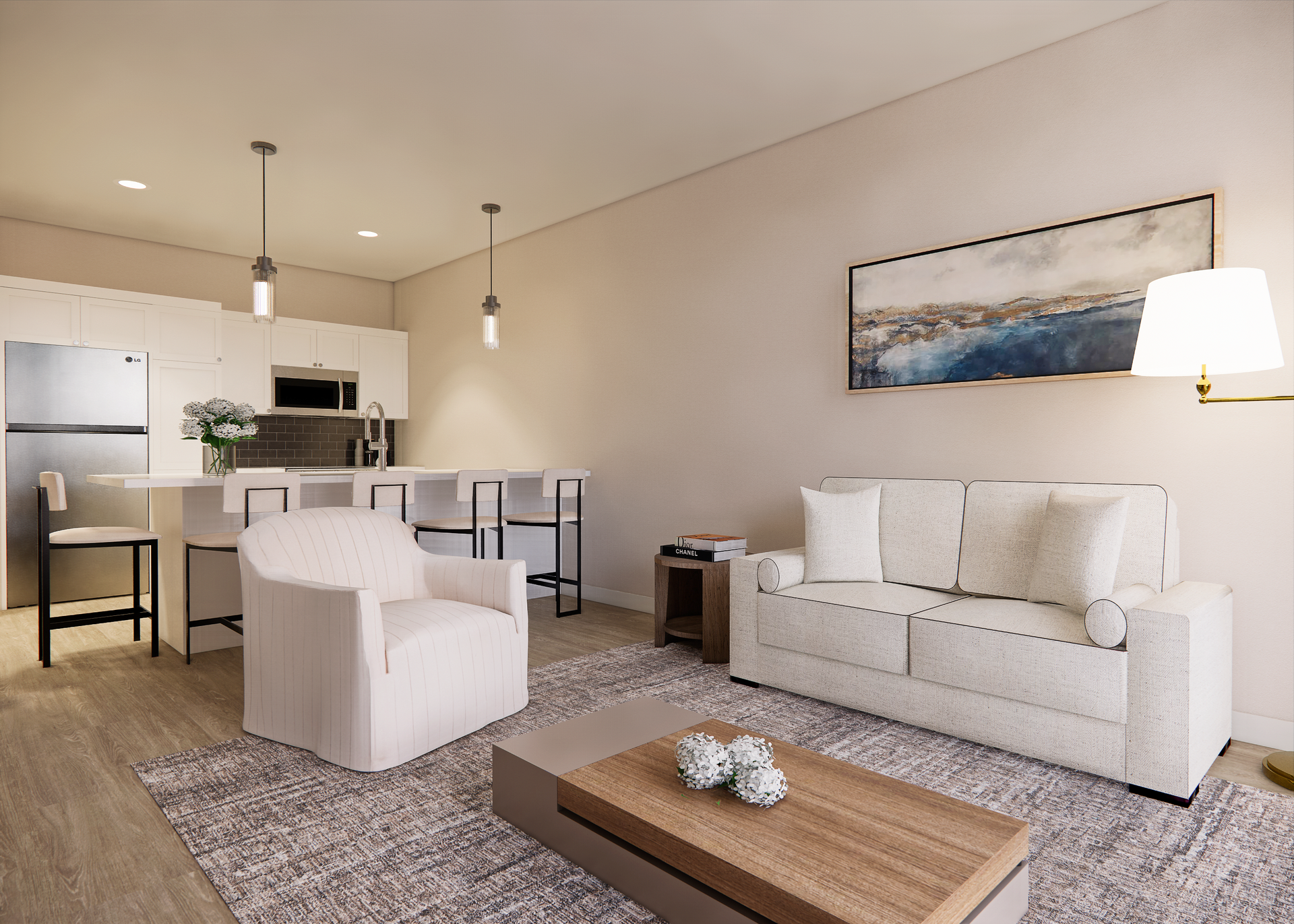 Open-concept living space with kitchen, dining area, and living room; neutral tones; modern decor.