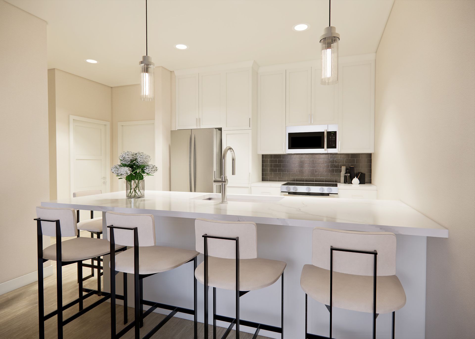 A modern, neutral-toned kitchen featuring white cabinets, stainless steel appliances, and a breakfast bar with four stools.