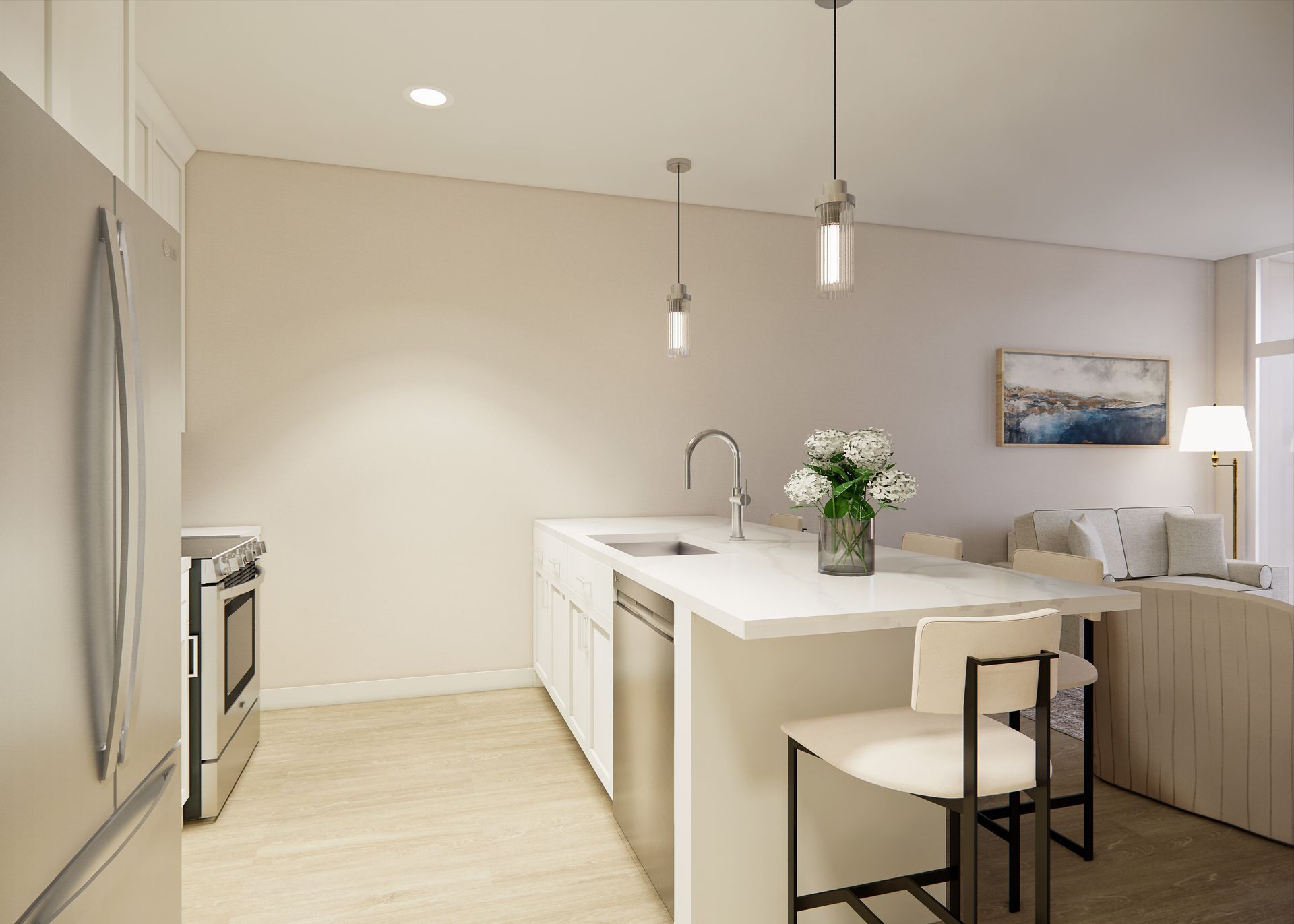 A modern, neutral-toned kitchen featuring a white island with bar seating, a stainless steel oven, and open living space.
