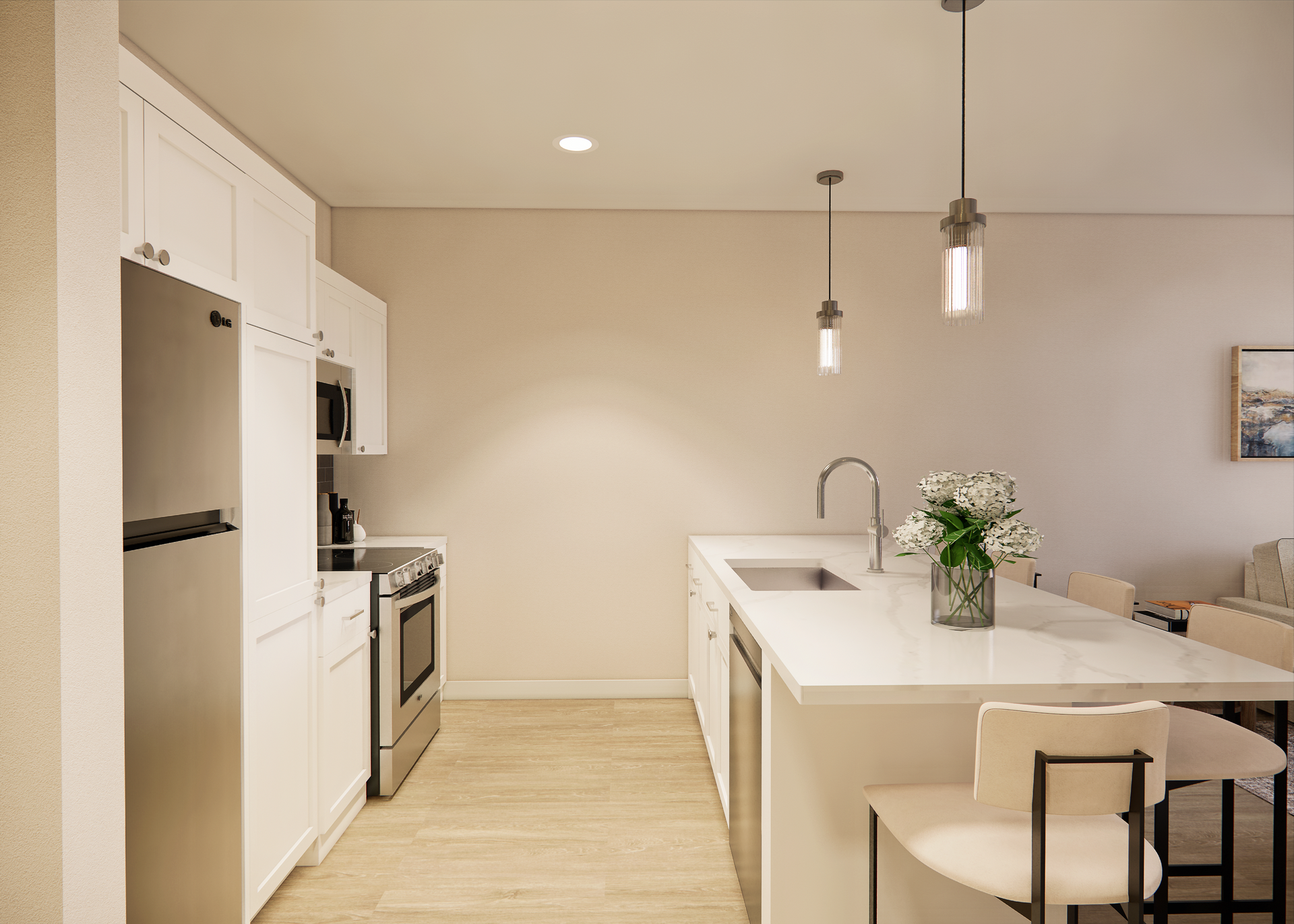 Modern kitchen with white cabinets, stainless steel appliances, and an island with a sink and seating.