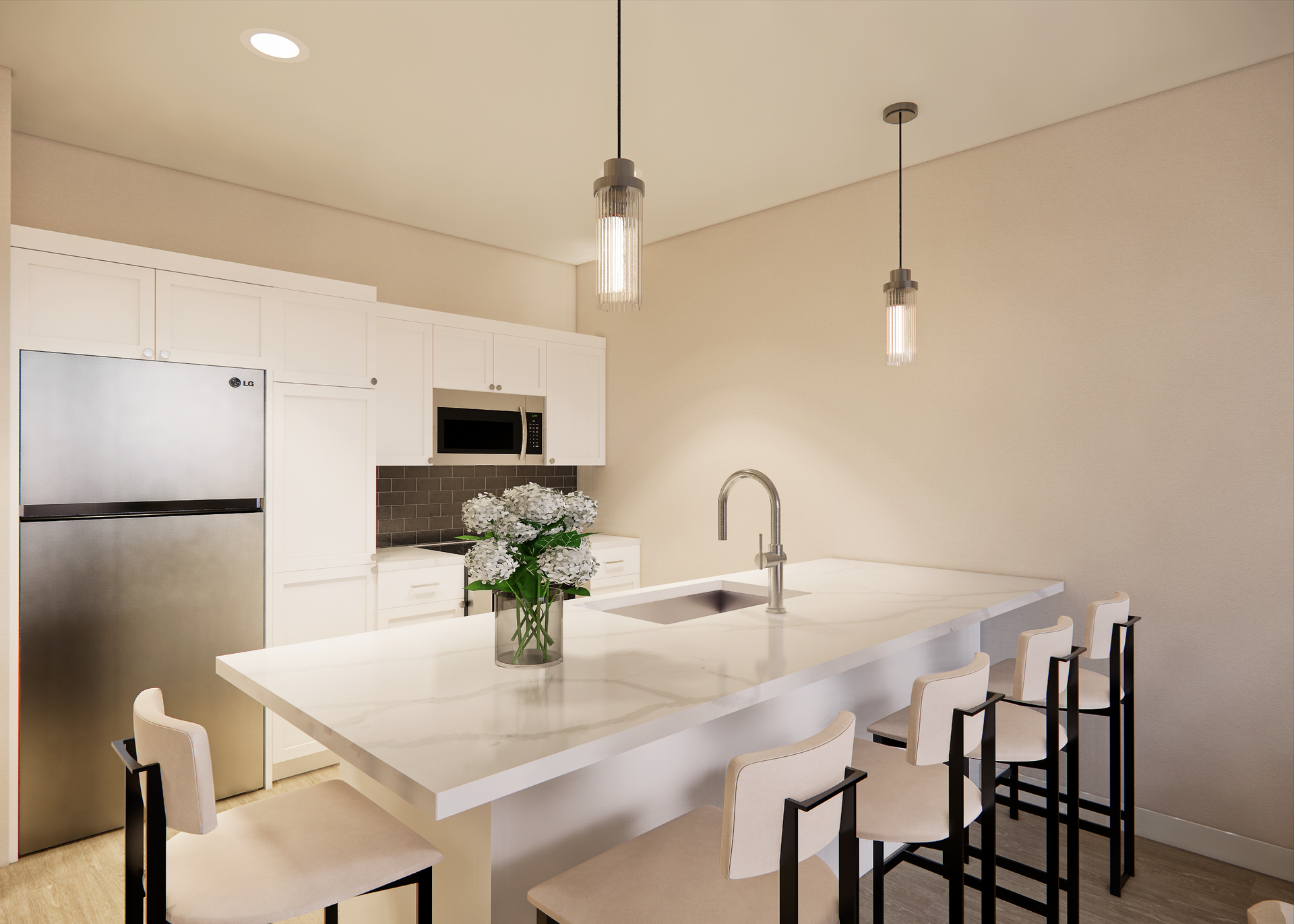 Modern kitchen with white cabinets, island, and stainless steel appliances.