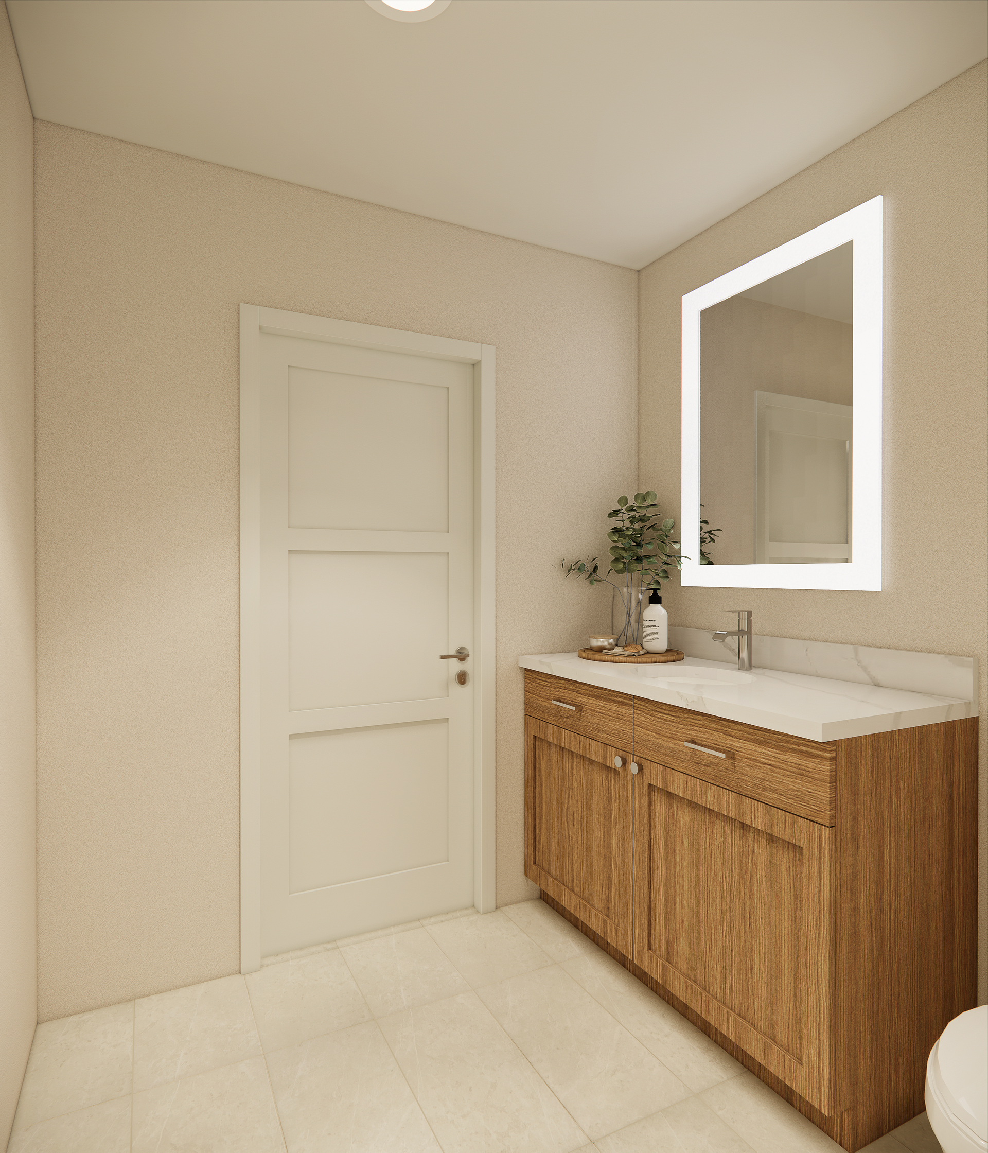 Bathroom with wooden vanity, lighted mirror, and white door.