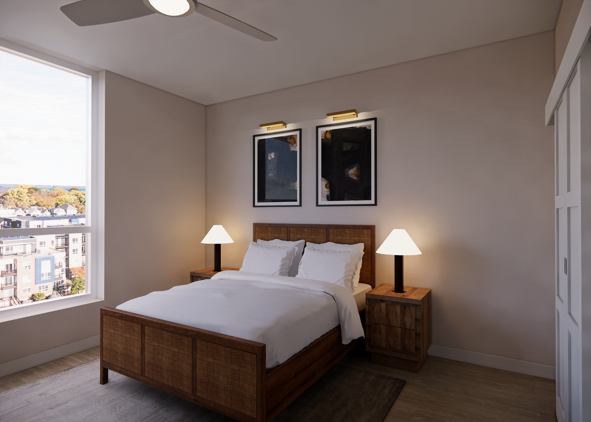 Bedroom with bed, nightstands, lamps, artwork, and window.