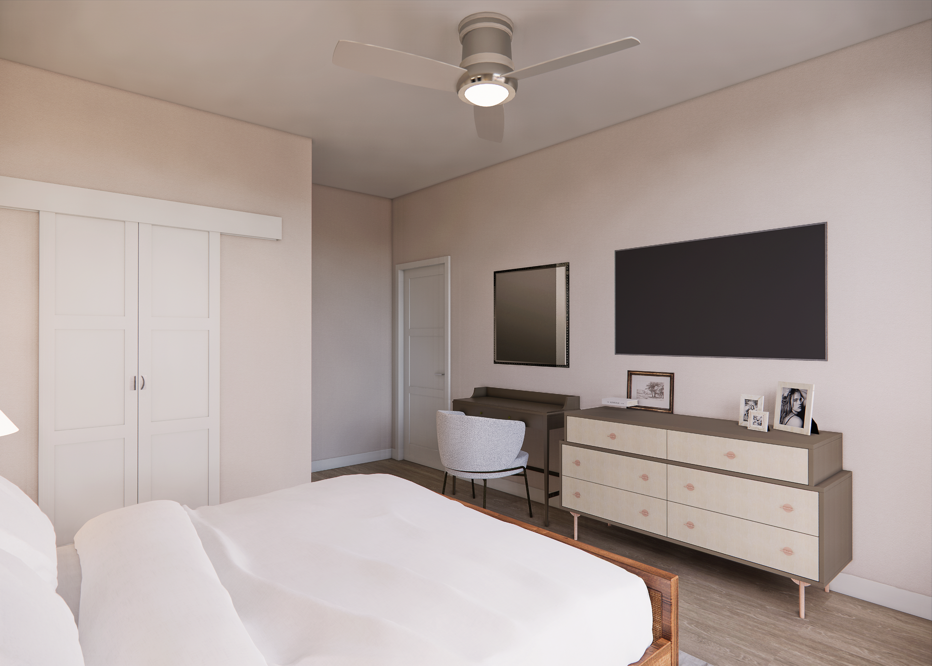 Bedroom with bed, dresser, TV, desk, and closet. Beige walls, wood floor, natural light.