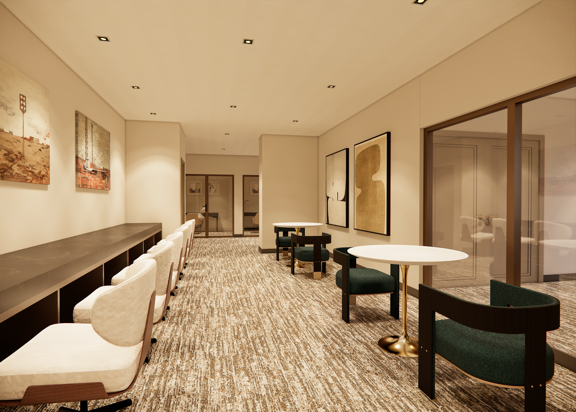 A light-filled waiting area with seating, tables, art on walls, and a view into rooms.