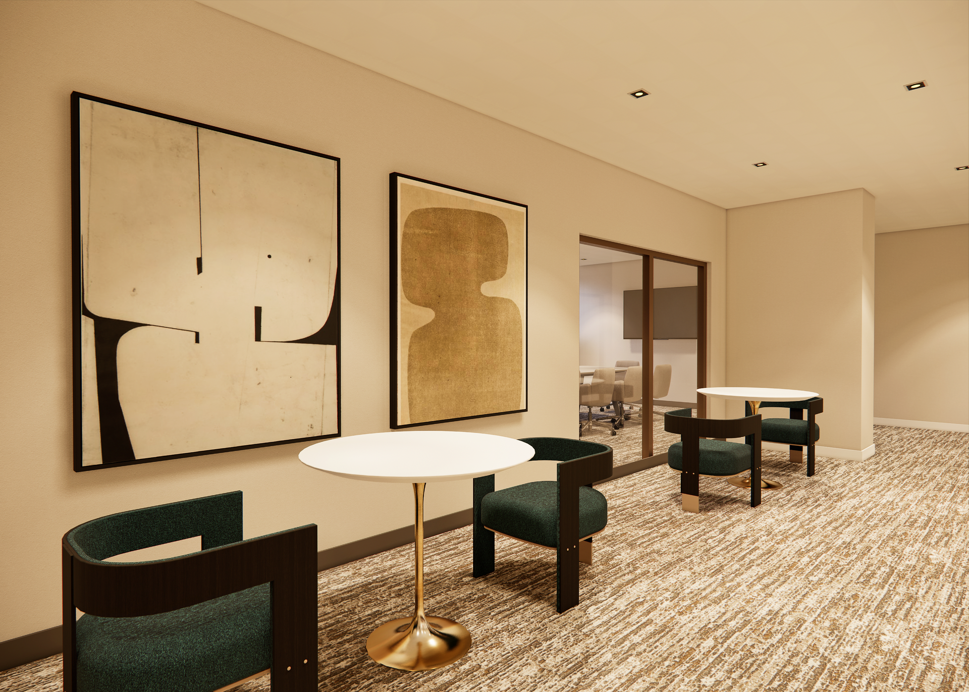 Interior with art, seating, and tables in a hallway. Beige carpet, neutral walls, and natural light.