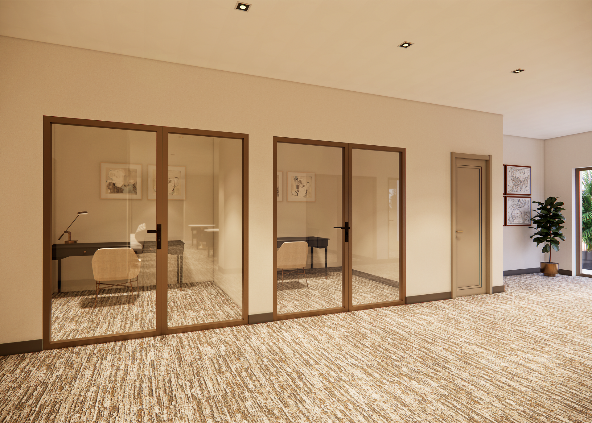 Office space with two glass-walled offices, a door, and a carpeted floor.